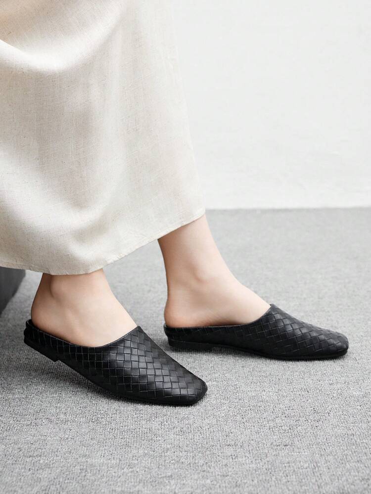 CUCCOO BIZCHIC Brown Woven Material Fashion Square Toe Slip-On Flat Sandals For Women For Christmas Spring Shoes