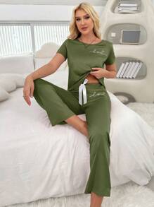Women Casual Simple Printed Short Sleeve T-Shirt & Pants Pajama Set