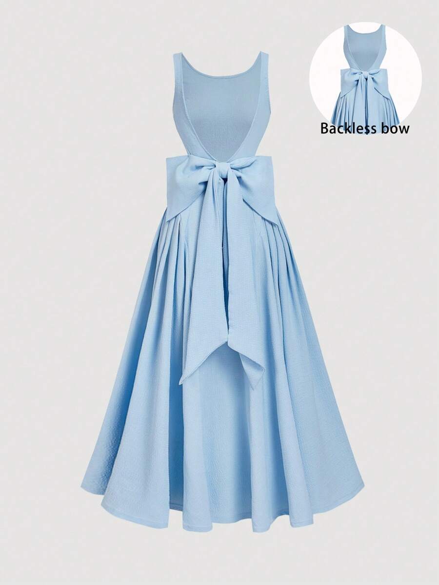 SHEIN MOD 露背蝴蝶结细节 A 字中长连衣裙，婚礼/约会之夜/情人节连衣裙 - 藍色 - 查看 1