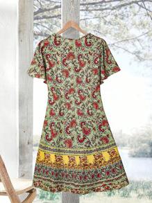 EMERY ROSE Plus Size Boho Beach Women Outfits V-Neck Vintage Printed Ruffle Sleeve Summer Holiday Dress - Olive Green - View 2