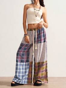 Bohemela 女式梭织格子拼接宽松阔腿裤 - 彩色 - 查看 5