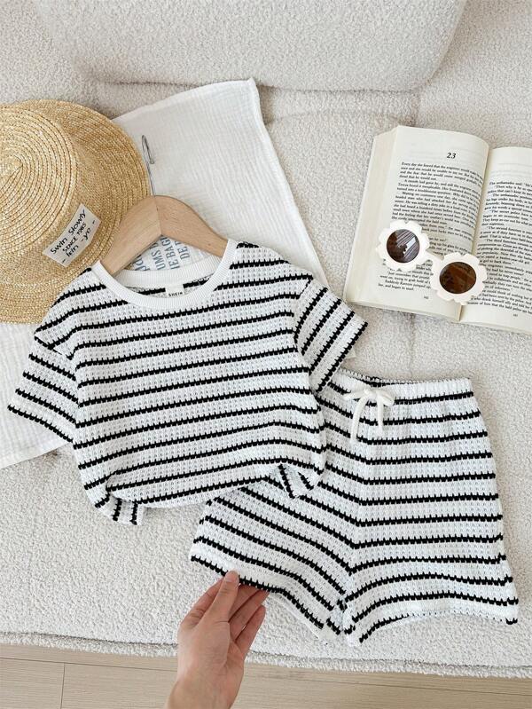 LMoss Kids Set 2 buc tricou și pantaloni scurți tricotați cu dungi și guler rotund pentru bebeluși fetițe