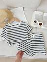 LMoss Kids LMoss 2pcs Baby Girl Knit Striped Crew Neck T-Shirt & Shorts Set Toddler Two Piece Set Girls Two Piece Set Two Piece Summer Set Baby Girl Summer Outfit Striped Toddler Set
