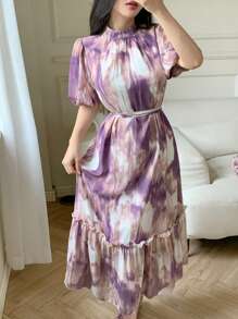 Modelyn 休闲扎染印花荷叶边下摆女式连衣裙