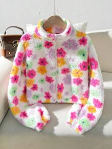 SHEIN Serisse Kids 少女彩色花朵图案立领长袖拉链高领保暖泰迪夹克，羊毛开衫，温暖舒适，非常适合秋冬季休闲日常穿着和上学日常穿着 - 彩色 - 查看 5