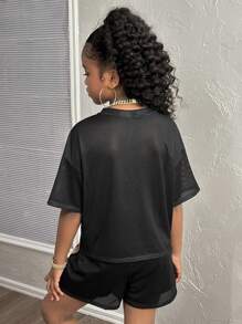 SHEIN Leap Crew 青少年女孩 88 数字和字母印花宽松 T 恤和直筒短裤 2 件套，休闲日常舒适时尚 - 黑色 - 查看 2