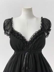 Sunspun Plus Size Women Elegant Solid Color Lace Trim Blouse, Summer - Black - View 5