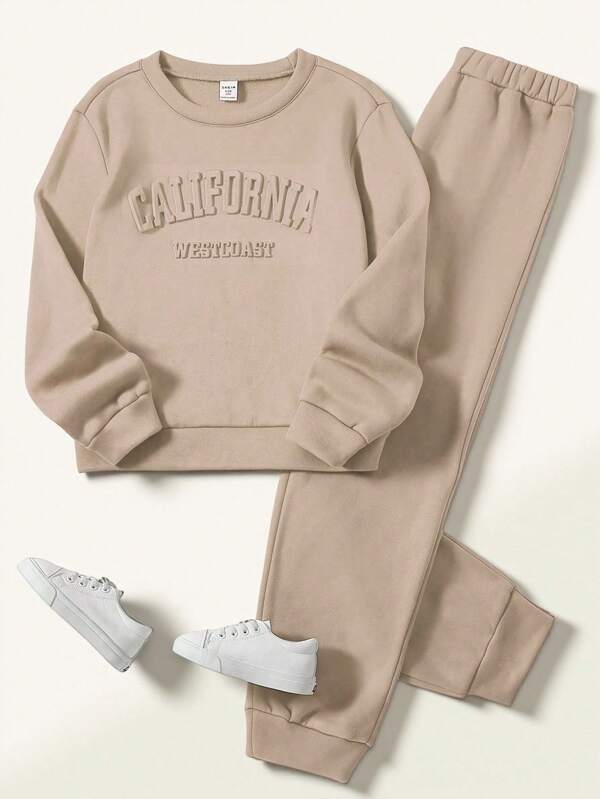 SHEIN Teen Girl 2pcs Casual Commuting Versatile 3D Letter Sweatshirt And Sweatpants Set