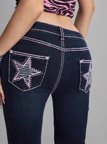 ROMWE Avant Women's Distressed Vintage Leopard Star Rhinestone Y2K Bling Skinny Flare Jeans - Navy Blue - View 2