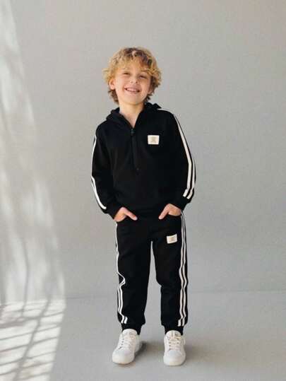 SHEIN Explorewe 少年男孩條紋連帽衫和褲子套裝