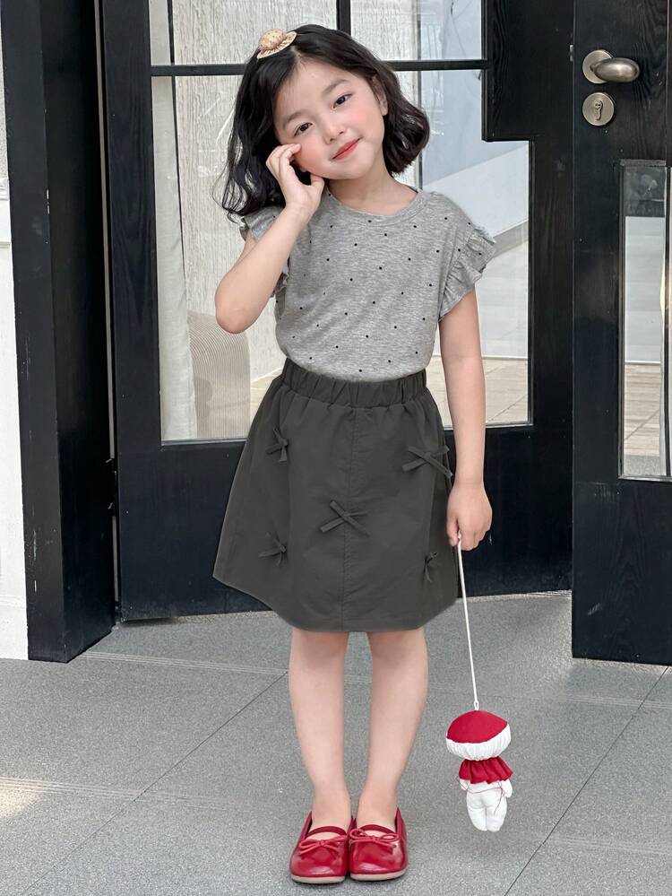 2pcs/Set Young Girls Round Neck Polka Dot Print Short Sleeve T-Shirt And Skirt Outfit, Summer