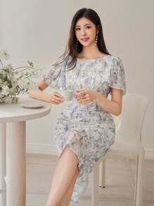DAZY Women Ditsy Floral Ruffle Sleeve Mid-Length Dress, Elegant Style Easter - Light Grey - View 7