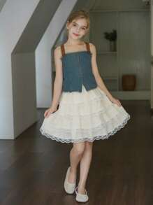 SHEIN Tween Girls Wildeya Layered Lace Ruffle Hem White Skirt, Fashionable Classic Versatile Design Suitable For Summer Outdoor Activities, Daily Themed Events, Music Festivals, Parties And Other Social Occasions