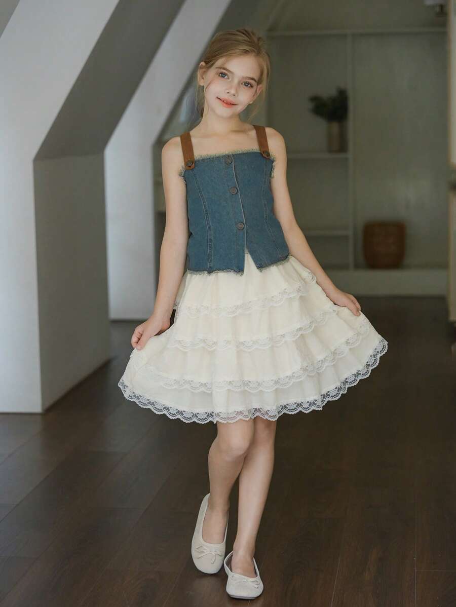 SHEIN Tween Girls Wildeya Layered Lace Ruffle Hem White Skirt, Fashionable Classic Versatile Design Suitable For Summer Outdoor Activities, Daily Themed Events, Music Festivals, Parties And Other Social Occasions