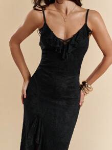 SHEIN BAE 黑色蕾丝荷叶边高开衩礼服，优雅合身，适合音乐节、海滩度假、万圣节服装 - 黑色 - 查看 6