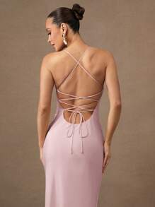 Silquee 奢华性感，优雅正式舞会礼服，早春夏季礼服，浅黄色纯色礼服，婚礼当天礼服，结婚周年纪念礼服，浪漫情人节&约会&礼服&华丽女士纯色，连衣裙女士弹性，高开衩不对称下摆设计 - 粉色 - 查看 3