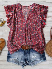 SHEIN Clasi Plus Size Women's Casual Ditsy Floral Cap Sleeve Blouse - Blue - View 1