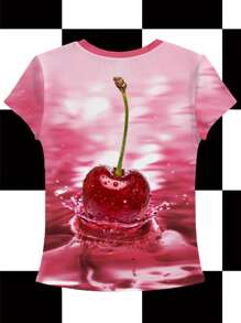 Shutterstock Pink, Fruit, Cherry, Millennium Retro, Y2K Casual Fitted Women Crew Neck Short Sleeve T-Shirt, Suitable For Summer, Vacation, Party, Music Festival Club Going-Out Back To School 2000s Style - Pink - View 2