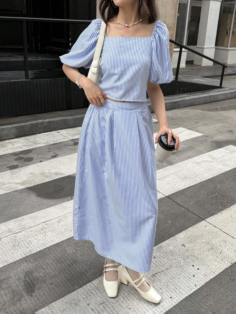 SHEIN Set de 2 piezas con Top sin espalda con lazo y abertura, y falda minimalista, conjunto elegante de estilo casual de verano con rayas tejidas, para adolescentes, para reuniones - Celeste - Ver 1