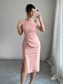 Elenzga 女士休闲夏季泡泡袖圆领褶皱露肩镂空连衣裙 - 粉色 - 查看 3