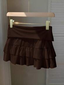 Comfortcana 休闲纯色低腰荷叶边下摆短裙短裤 - 咖啡棕 - 查看 2