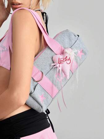 Anime Y2K Collegiate Style Pink Star & Number Decor Women Shoulder Bag Vibrant Athletic Yoga Tote Bag, Large Capacity Women Bowling Bag Romantic Butterfly & Heart Multi-Pocket Tote Bag, Suitable For Commute, Shopping, Sports