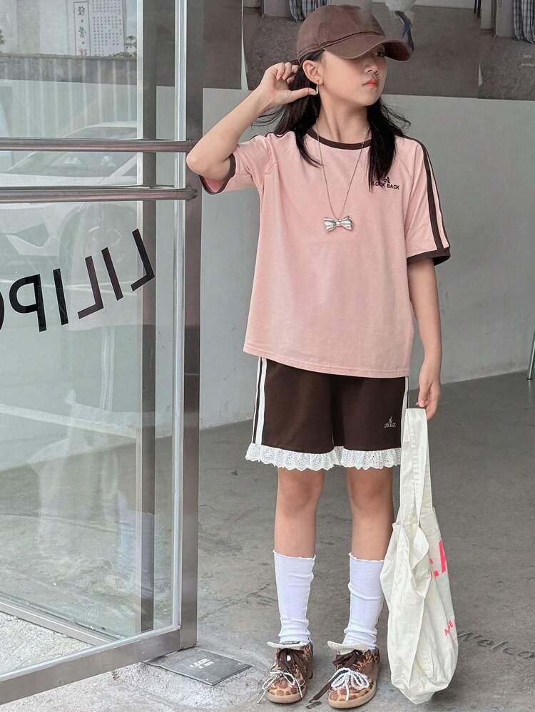 Tween Girls Letter Embroidered Round Neck Knit Short Sleeve T-Shirt + Shorts 2Pcs Set, Summer
