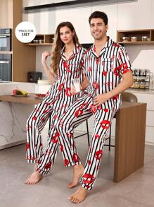 Men's Satin Lip Print Stripe Pattern Pajama Set - Black and White - View 1