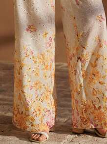 MOTF PREMIUM SCHIFFY FLORAL PRINT LACE TRIM WIDE LEG SUIT PANTS - Multicolor - View 2