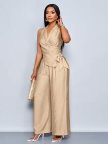 SOLERSUN Set de 2 piezas de top sin mangas con pliegues y nudo a los lados talla grande pantalones de pierna ancha de unicolor para mujeres - Caqui - Ver 3