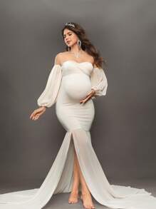 Cheriluna Maternity Maternity Photography Dress, Off Shoulder Lantern Sleeve Mermaid Hem Fitted Party Dress - Apricot - View 1