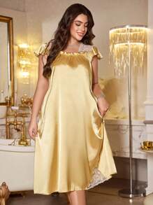 MuseNap CURVE Váy ngủ ren thêu viền bèo nhún chất liệu lụa giả màu trơn lãng mạn cỡ lớn, váy ngủ Moo Moo - Màu vàng - Xem 3