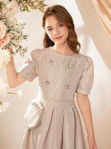 Tween Girl's Chiffon Puffed Sleeve Dress With White Hem,Gold Button Accent,Princess Style Summer Party,Holiday Elegant Bachelorette Flower Girl Dress - Apricot - View 5