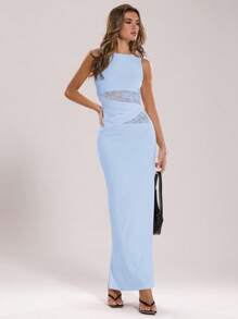 SHEIN BAE 女士黑色优雅蕾丝拼接真丝长裙，优雅女士连衣裙，派对女士服装，新年女士连衣裙，黑色女士连衣裙，新年女士服装，新年派对连衣裙 - 淺藍色 - 查看 5