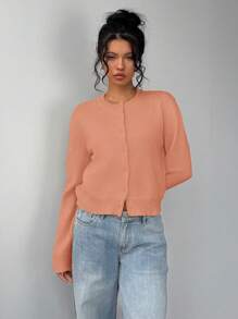SHEIN BASICS Casual Solid Color Round Neck Long Sleeve Loose Cropped Women Knitted Cardigan,Tops For School In Fall/Winter - Orange - View 3