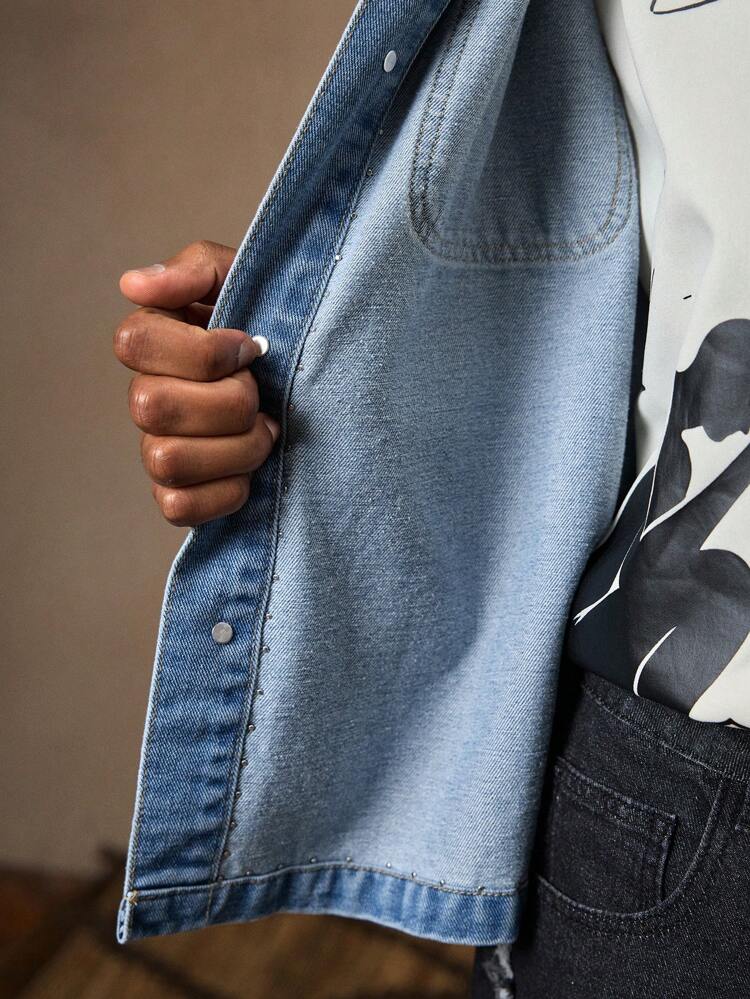 Chemise bleue tissée lavée pour hommes avec clous et rivets, chemise polo ample et décontractée à manches courtes, convenant à l'été, aux vacances, à l'usage quotidien, aux fêtes, aux couples, cadeau pour hommes