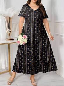 Lacomfia Plus Size Women Summer Casual Floral V-Neck Short Sleeve A-Line Dress,Women's Book Summer Fashion Simple Waist Slimming Floral Print Dress, Home Outing Casual Dress, Fabric Soft And Comfortable Loose Women's Dress Women's Dress Elegant Dress Women's Summer Clothing Women's Casual Dress Women's Beautiful Dress,Black Dress Brown Dress