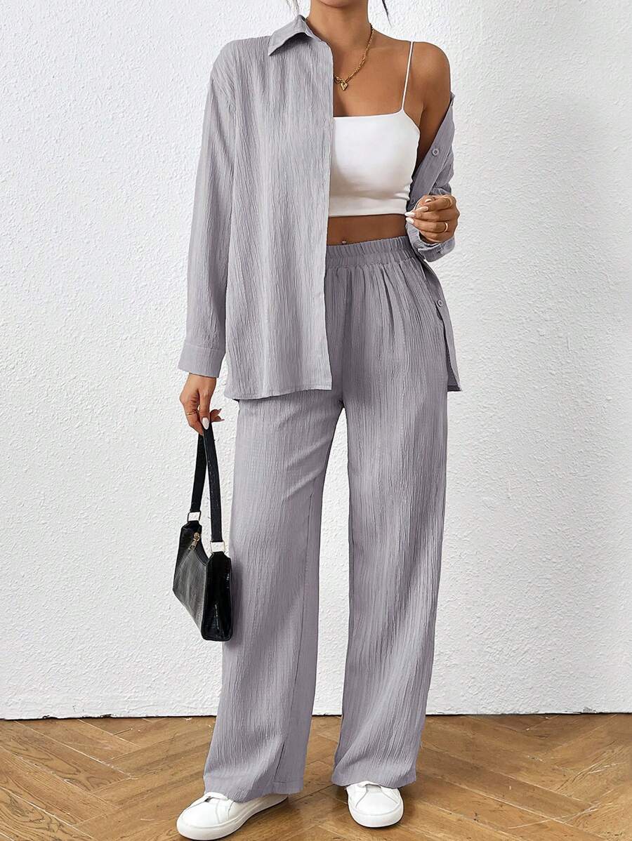 SHEIN PETITE 2 件套女士纯色纹理面料长袖衬衫和宽松裤子套装，夏季