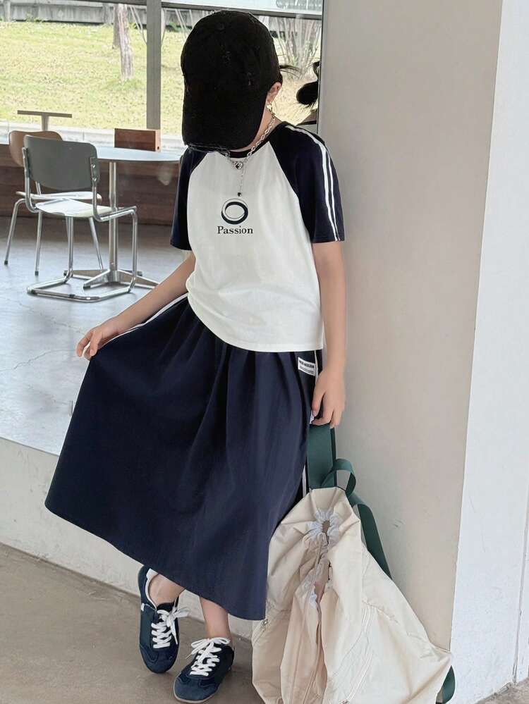 2pcs Tween Girl Girls Striped Crew Neck Short Sleeve Knitted Top & Shorts Set, Fall Back To School Clothes