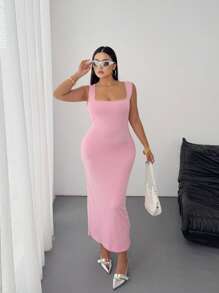 Maweii Plus Size Square Neck Ruched Waist Fitted Cami Dress - Pink - View 3