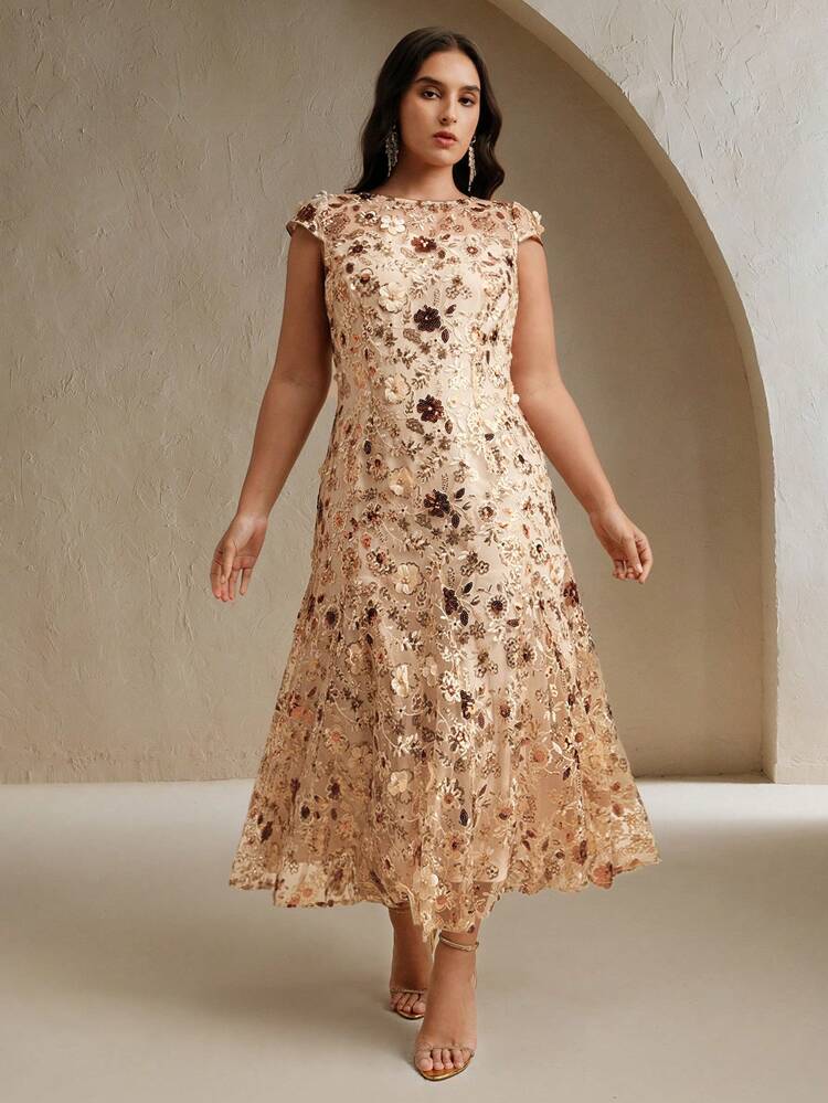 Modern Champagne Elegant Floral Mesh Sequin Short Sleeve Dress, High-Quality Festival, Resort Wear For Women, Spring & Summer Outfit