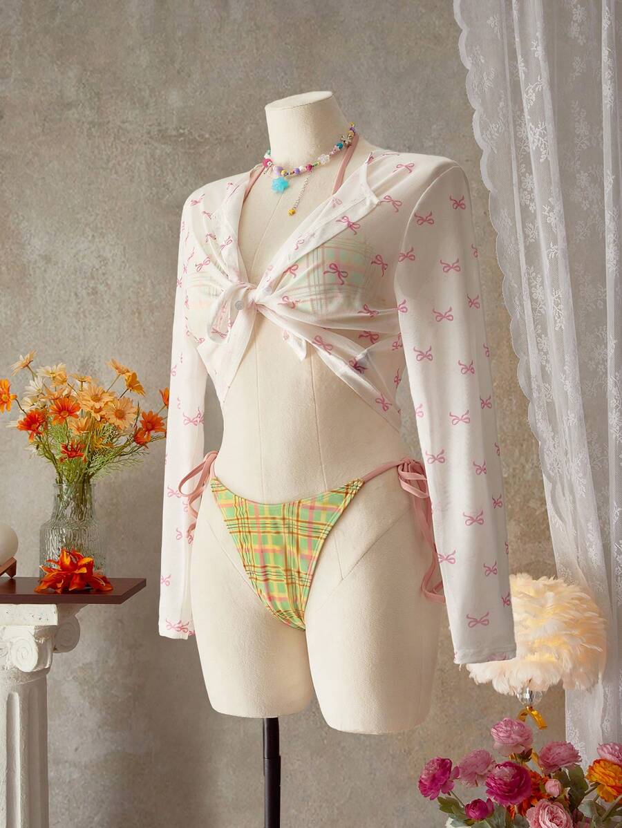 SHEIN Swim 女士时尚休闲蝴蝶结印花长袖前开式罩衫 - 彩色 - 查看 1
