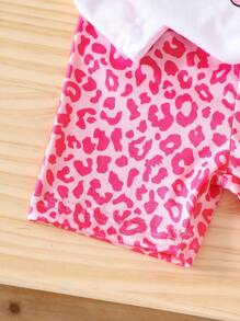 SHEIN Ensemble 2 pièces pour bébé filles 2025 composé d'un Top à manches courtes imprimé crayon mignon et mode + shorts imprimés léopard rose