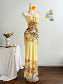 Soleia 2 件豹纹和花朵图案露背扭纹上衣和修身鱼尾下摆中裙套装，适合女士、度假、音乐节、海滩、夏季、波西米亚风、度假、钩针编织、亚麻布， - 彩色 - 查看 3