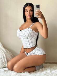 SHEIN SXY Bộ đồ ngủ chấm bi thường ngày cho nữ - Áo hai dây + Quần short, Bộ đồ ngủ chấm bi 2 món Bộ đồ ngủ chấm bi cho nữ - Nhiều màu - Xem 3