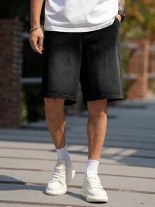 Manfinity Homme 男士宽松口袋阔腿休闲百搭牛仔短裤 - 黑色 - 查看 3
