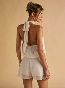 SHEIN BAE 夏季女式纯杏色雪纺细肩带露背优雅休闲连体裤 - 杏色 - 查看 2