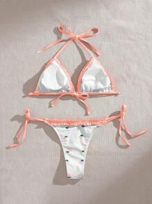 Swim Mod Cute Cherry Print Triangle Bikini Top