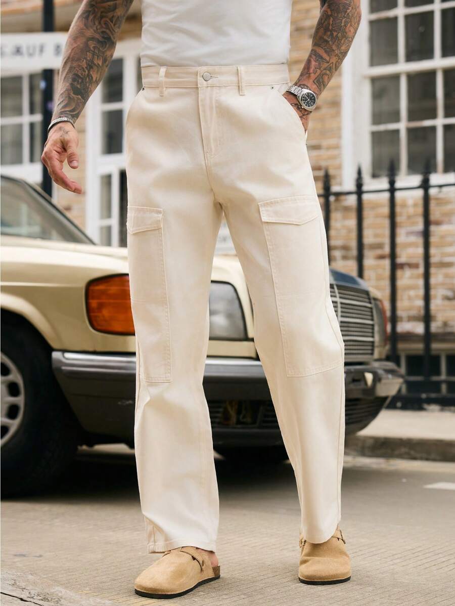 Manfinity Homme 男士休闲百搭纯色工装牛仔裤 - 白色 - 查看 1