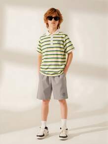 SHEIN Explorewe 青少年男童条纹 Polo 领短袖 T 恤和短裤套装，夏季休闲装 - 彩色 - 查看 1